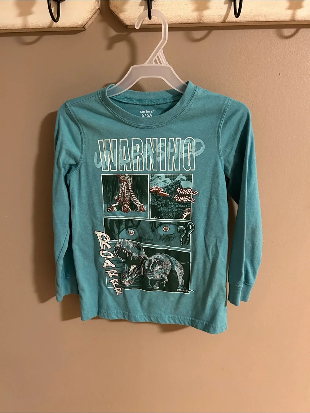 Carter's Teal Long Sleeve 'Warning' Dinosaur Tee
